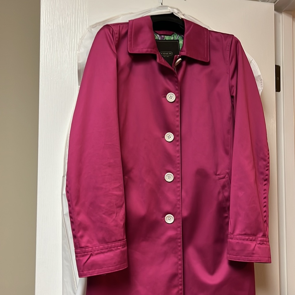 Coach Jacket - Vintage Pink Trench Coat Mid-Length Jacket Floral Print Office - Picture 2 of 12